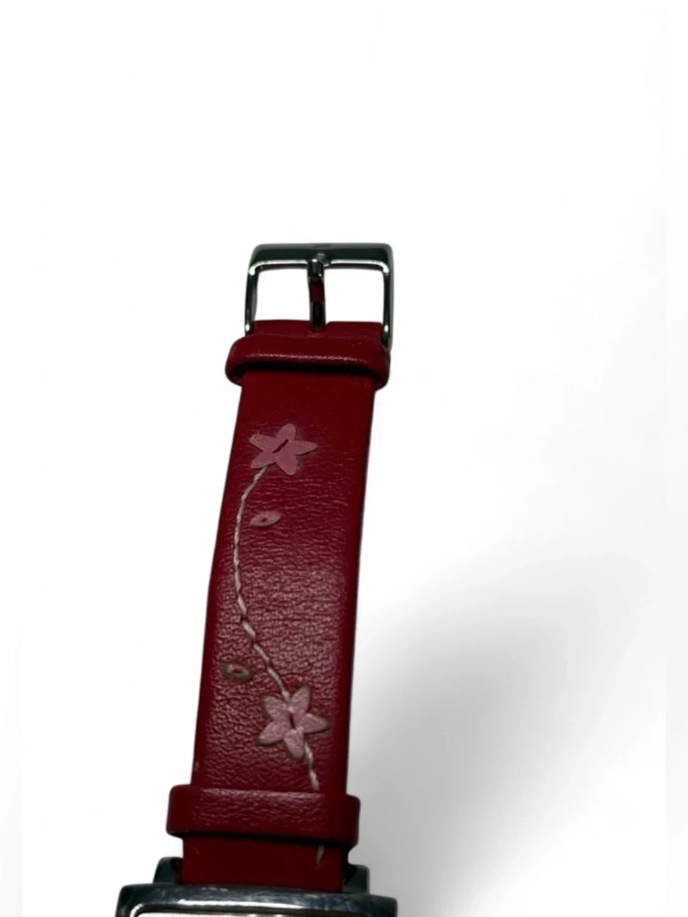 Skagen Denmark Rectangular Mother of Pearl Watch Red Pink Floral Leather Silver